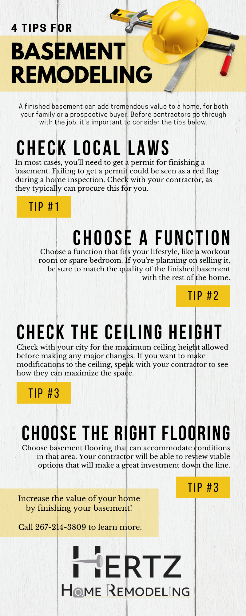 Infographic providing 4 tips for basement remodeling or finishing basements